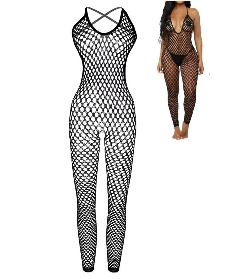 XIUSEMY Women Sexy Lingerie Full Body Bodysuits V Neck Mesh Fishnet Stockings Nightwear