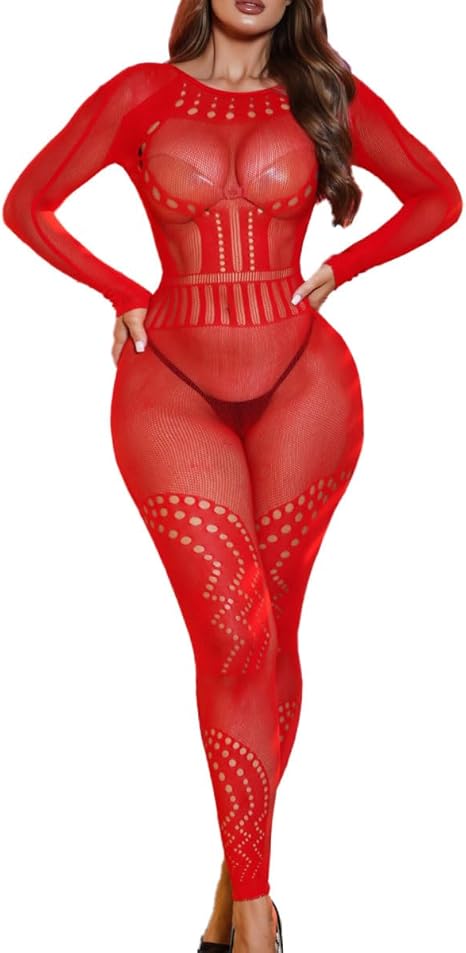 XIUSEMY Womens Lingerie Fishnet Bodystocking Attached Stockings Soft Bodysuit Sexy Nightwear Plus Size