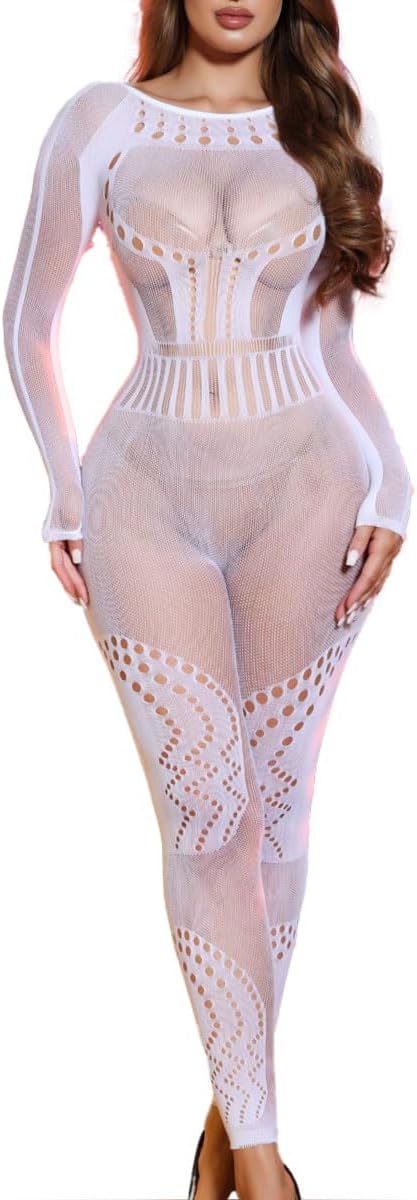 XIUSEMY Womens Lingerie Fishnet Bodystocking Attached Stockings Soft Bodysuit Sexy Nightwear Plus Size