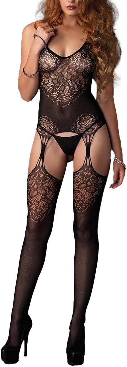 XIUSEMY Lingerie for Women Fishnet Bodystocking Attached Stockings Sexy Bodysuit Soft Nightwear Plus Size