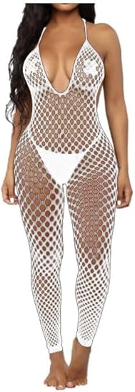 XIUSEMY Women Sexy Lingerie Full Body Bodysuits V Neck Mesh Fishnet Stockings Nightwear