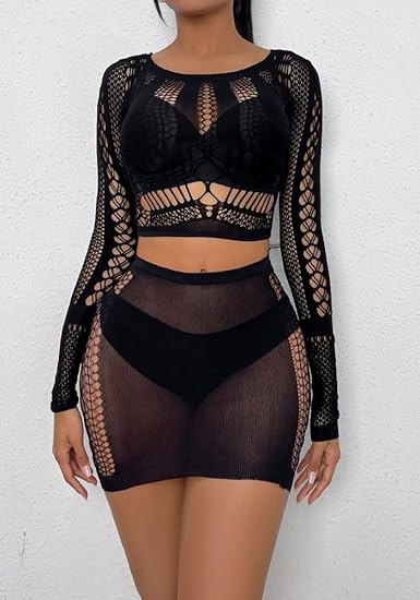 XIUSEMY Lingerie Sets for Women Fishnet Top and Mini Skirt Set Beachwear Sexy Nightwear Outfits
