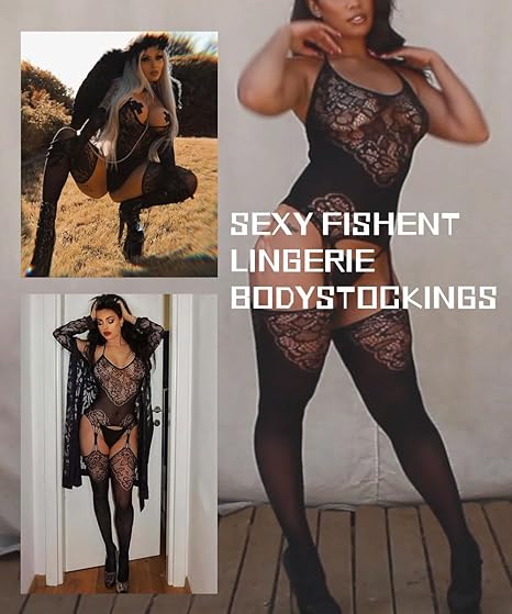 XIUSEMY Lingerie for Women Fishnet Bodystocking Attached Stockings Sexy Bodysuit Soft Nightwear Plus Size