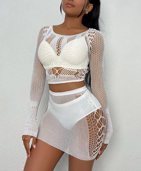 XIUSEMY Lingerie Sets for Women Fishnet Top and Mini Skirt Set Beachwear Sexy Nightwear Outfits