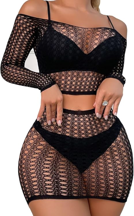 Xiusemy Women Lingerie Set Sexy Bodysuit Two Piece Babydoll Fishnet Nightwear