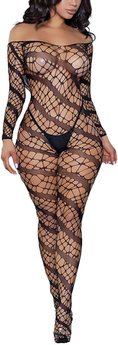 XIUSEMY Lingerie for Women Fishnet Bodystocking Attached Stockings Sexy Bodysuit Soft Nightwear Plus Size