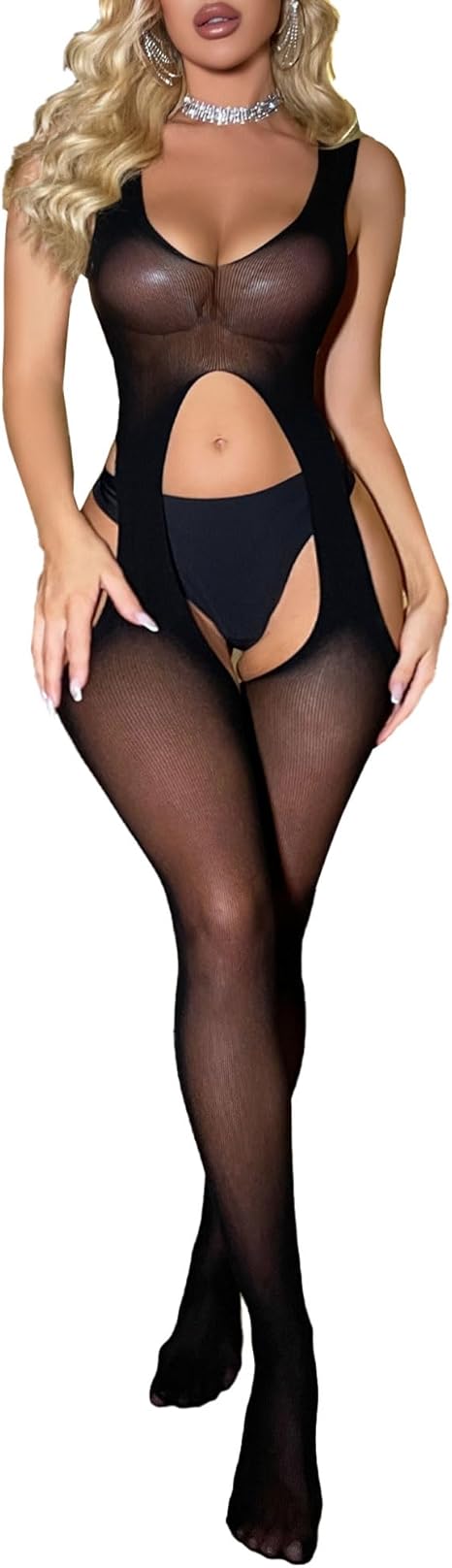 XIUSEMY Lingerie for Women Fishnet Bodystocking Attached Stockings Sexy Bodysuit Soft Nightwear Plus Size