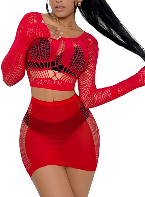 XIUSEMY Lingerie Sets for Women Fishnet Top and Mini Skirt Set Beachwear Sexy Nightwear Outfits