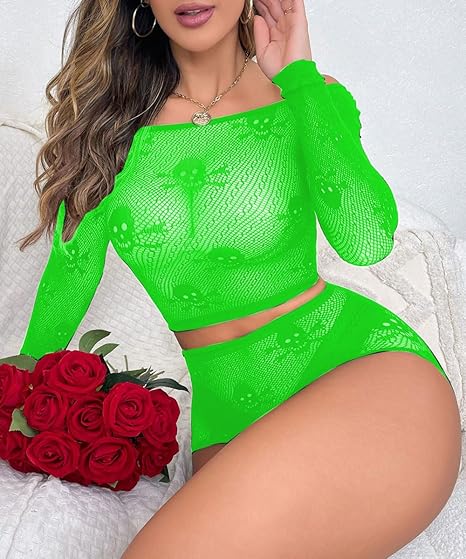 Women Lingerie Set Two Piece Fishnet Sets Skull Top and Panty for Halloween