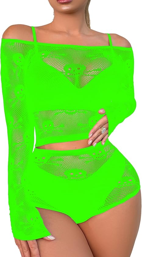 Women Lingerie Set Two Piece Fishnet Sets Skull Top and Panty for Halloween