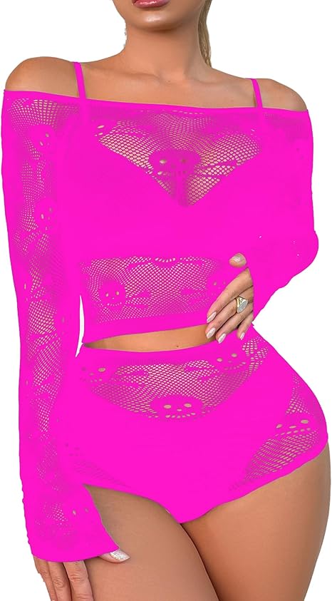 Women Lingerie Set Two Piece Fishnet Sets Skull Top and Panty for Halloween