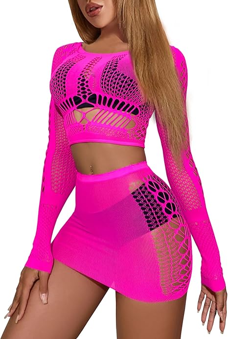 XIUSEMY Lingerie Sets for Women Fishnet Top and Mini Skirt Set Beachwear Sexy Nightwear Outfits