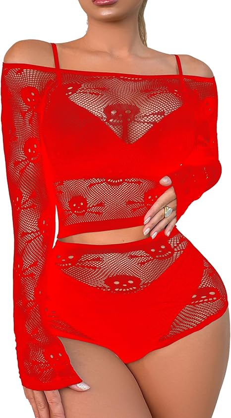 Women Lingerie Set Two Piece Fishnet Sets Skull Top and Panty for Halloween