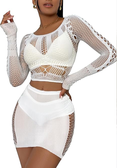 XIUSEMY Lingerie Sets for Women Fishnet Top and Mini Skirt Set Beachwear Sexy Nightwear Outfits