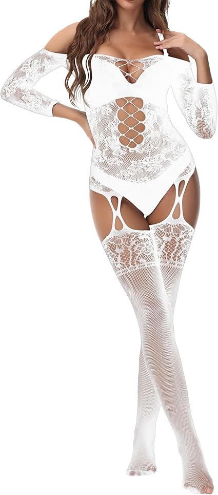 Xiusemy Women Full Body Fishnet Bodysuits Sexy Babydoll One Piece Body Top Stockings Lingerie Set Mesh Tights Nightwear