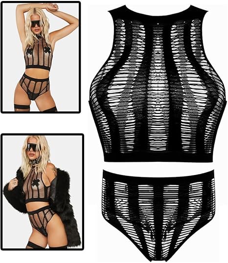 Xiusemy Women Lingerie Set Sexy Bodysuit Two Piece Babydoll Fishnet Nightwear