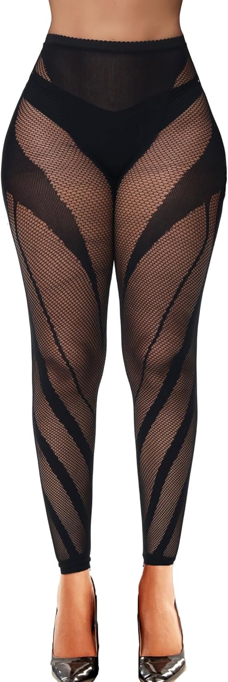XIUSEMY Woman High Waist Patterned Tights Fishnet Stockings Curve Strips Pantyhose for Women