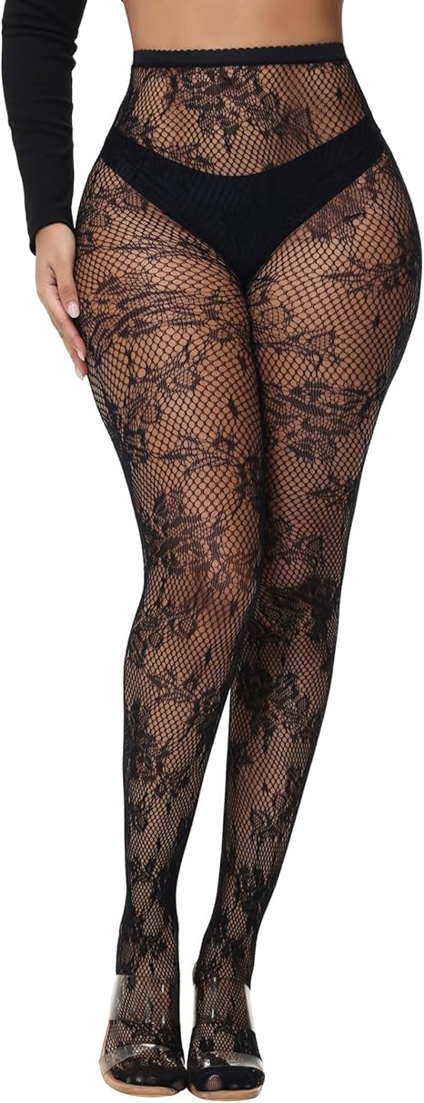 XIUSEMY Women Sexy Tights Fishnet Stockings Patterned Leggings Thigh-High Black Socks Lace Pantyhose