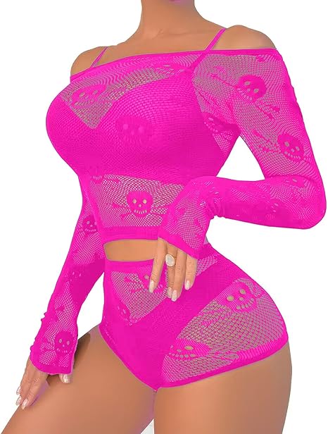 Women Lingerie Set Two Piece Fishnet Sets Skull Top and Panty for Halloween