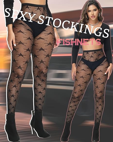 XIUSEMY Women Sexy Tights Fishnet Stockings Patterned Leggings Thigh-High Black Socks Lace Pantyhose