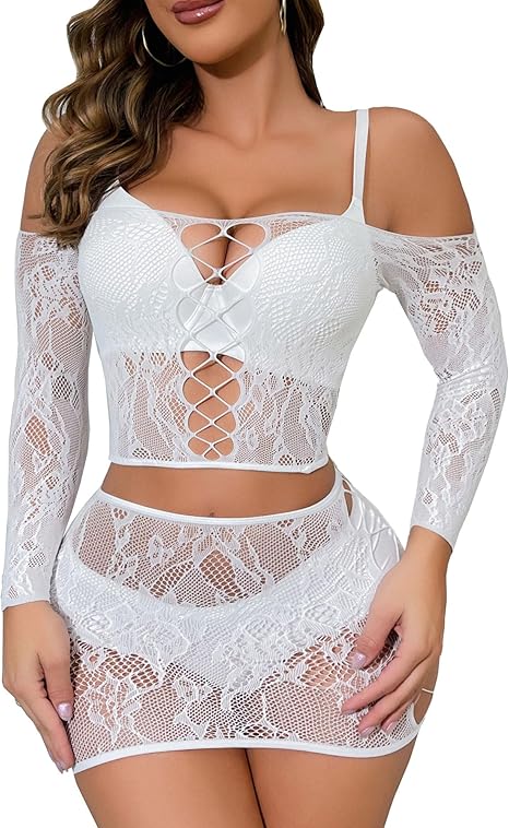 Xiusemy Women Lingerie Set Sexy Bodysuit Two Piece Babydoll Fishnet Nightwear