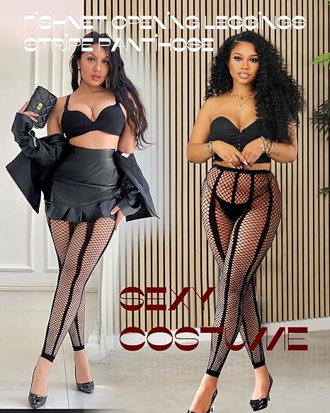 Xiusemy Womens Fishnet Tights Sexy Stockings Black Stripe Pantyhose Leggings