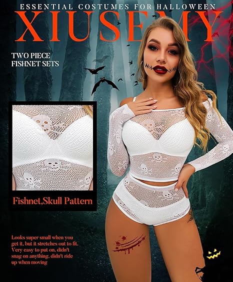 Women Lingerie Set Two Piece Fishnet Sets Skull Top and Panty for Halloween