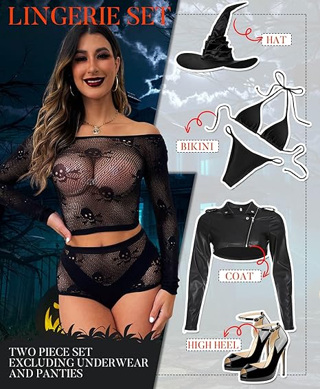 Women Lingerie Set Two Piece Fishnet Sets Skull Top and Panty for Halloween