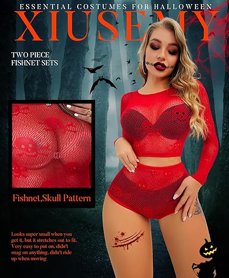 Women Lingerie Set Two Piece Fishnet Sets Skull Top and Panty for Halloween
