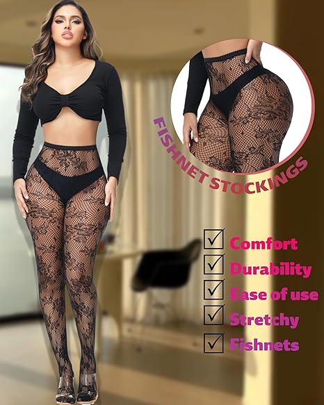 XIUSEMY Women Sexy Tights Fishnet Stockings Patterned Leggings Thigh-High Black Socks Lace Pantyhose