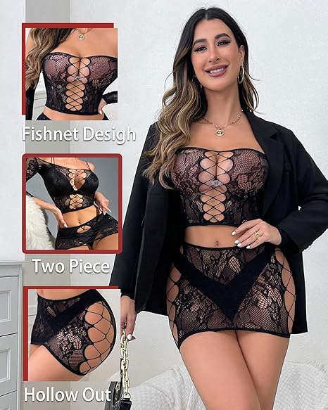 Xiusemy Women Lingerie Set Sexy Bodysuit Two Piece Babydoll Fishnet Nightwear