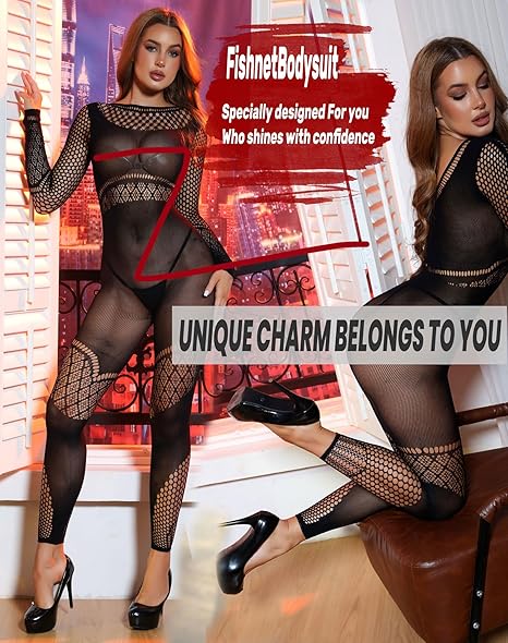 XIUSEMY Lingerie for Women Fishnet Bodystocking Attached Stockings Sexy Bodysuit Soft Nightwear Plus Size