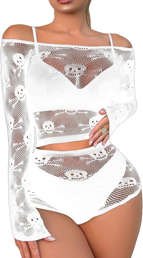 Women Lingerie Set Two Piece Fishnet Sets Skull Top and Panty for Halloween