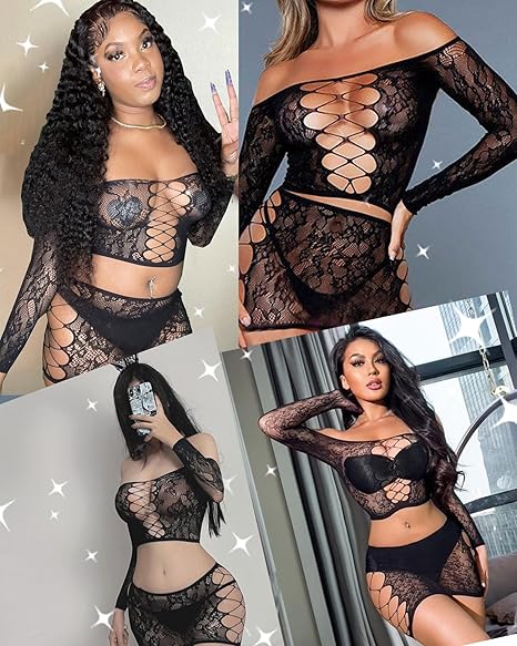 Xiusemy Women Lingerie Set Sexy Bodysuit Two Piece Babydoll Fishnet Nightwear