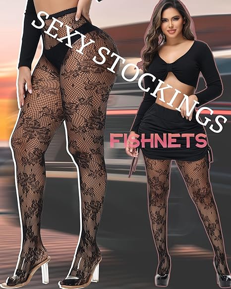 XIUSEMY Women Sexy Tights Fishnet Stockings Patterned Leggings Thigh-High Black Socks Lace Pantyhose