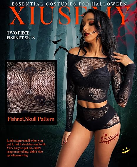 Women Lingerie Set Two Piece Fishnet Sets Skull Top and Panty for Halloween