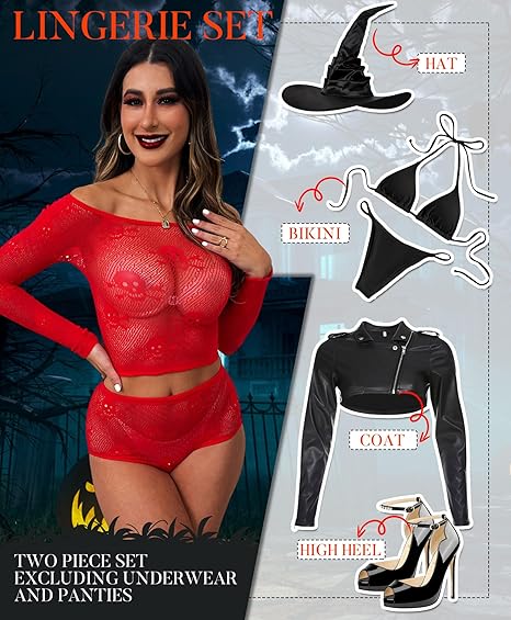 Women Lingerie Set Two Piece Fishnet Sets Skull Top and Panty for Halloween