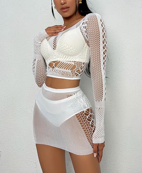 XIUSEMY Lingerie Sets for Women Fishnet Top and Mini Skirt Set Beachwear Sexy Nightwear Outfits