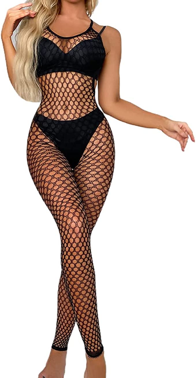 XIUSEMY Women Sexy Lingerie Full Body Bodysuits V Neck Mesh Fishnet Stockings Nightwear