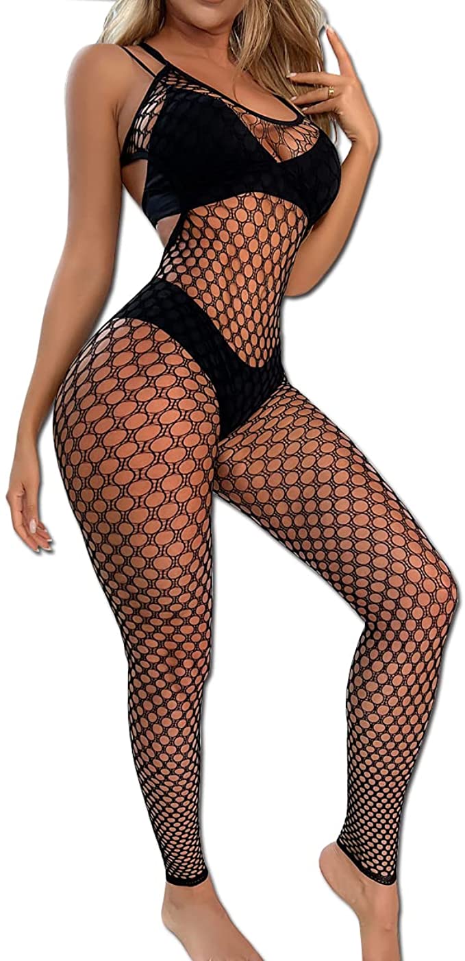 XIUSEMY Women Sexy Lingerie Full Body Bodysuits V Neck Mesh Fishnet Stockings Nightwear