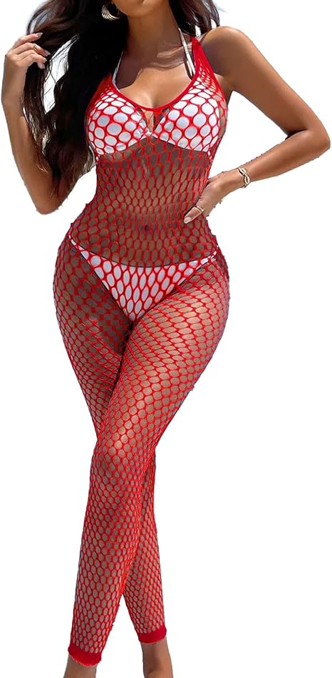 XIUSEMY Women Sexy Lingerie Full Body Bodysuits V Neck Mesh Fishnet Stockings Nightwear