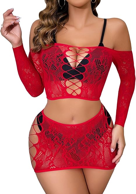 Xiusemy Women Lingerie Set Sexy Bodysuit Two Piece Babydoll Fishnet Nightwear