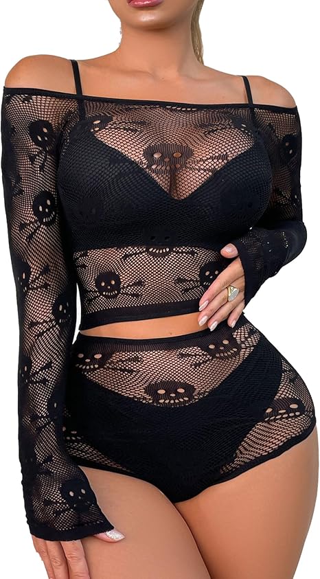 Women Lingerie Set Two Piece Fishnet Sets Skull Top and Panty for Halloween